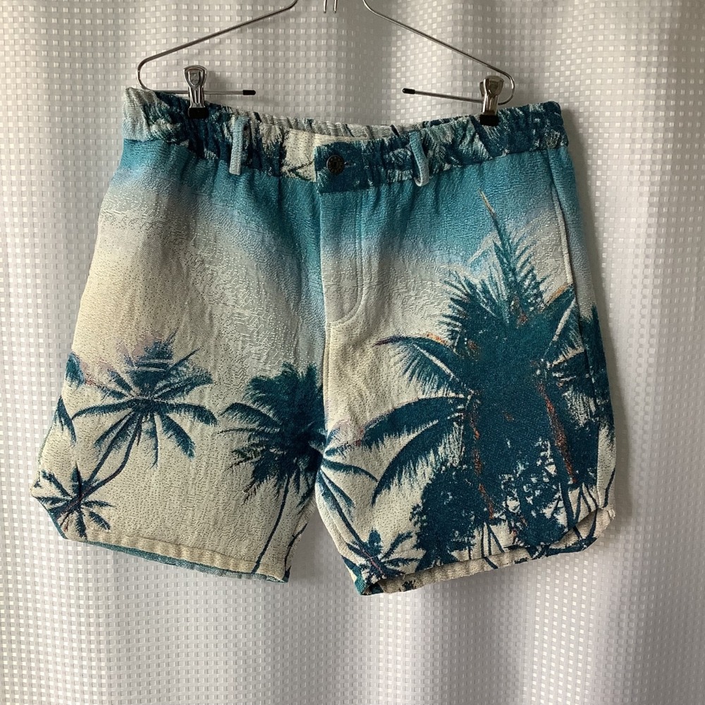 Men's Majestik Tapestry Shorts Tropical Palm Tree Jacquard White & Blue 2XL